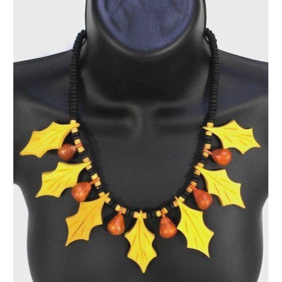 Vintage 22" necklace gold & brown wooden beads & leaves fall holiday statement - Picture 1 of 2